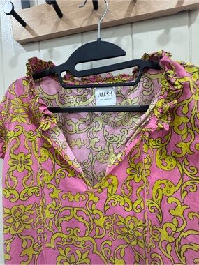 MISA Los Angeles Pink & Yellow Printed V-Neck Ruffle Sleeve Top